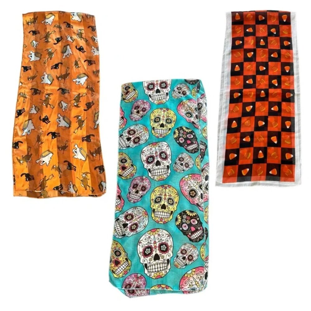 Lot of 3 Halloween Scarves Day of the Dead Candy Corn Witches Ghosts